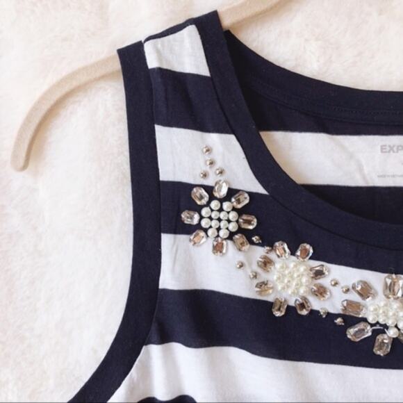 Express Embellished Blue Collar Striped Crop Top - Picture 2 of 6